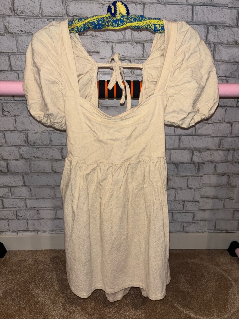 Puff-Sleeve Cream Mini Dress with Back Tie